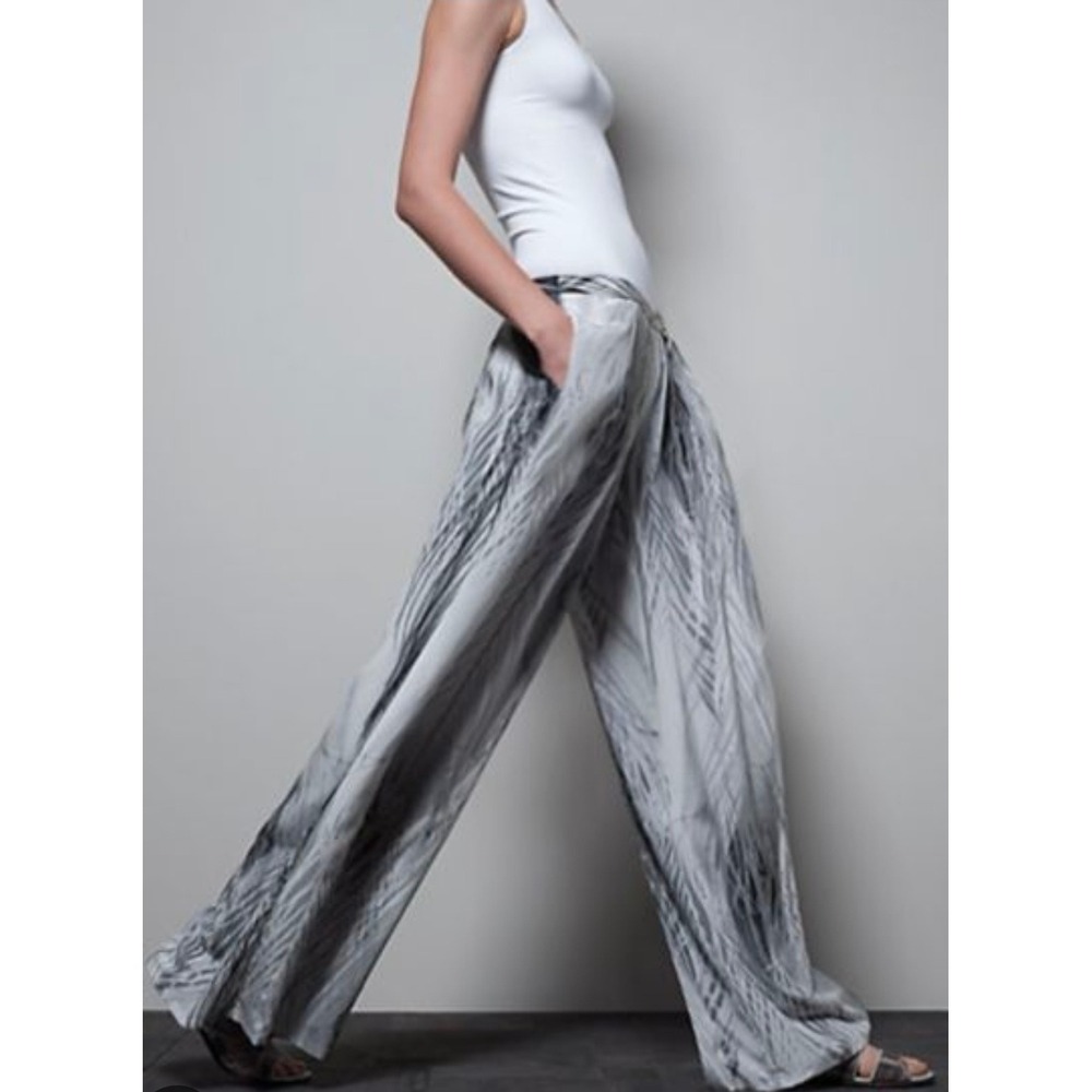 Leifsdottir Anthropologie Silk Wide Leg Pants Black White Feather Print Size 6 - Picture 15 of 15